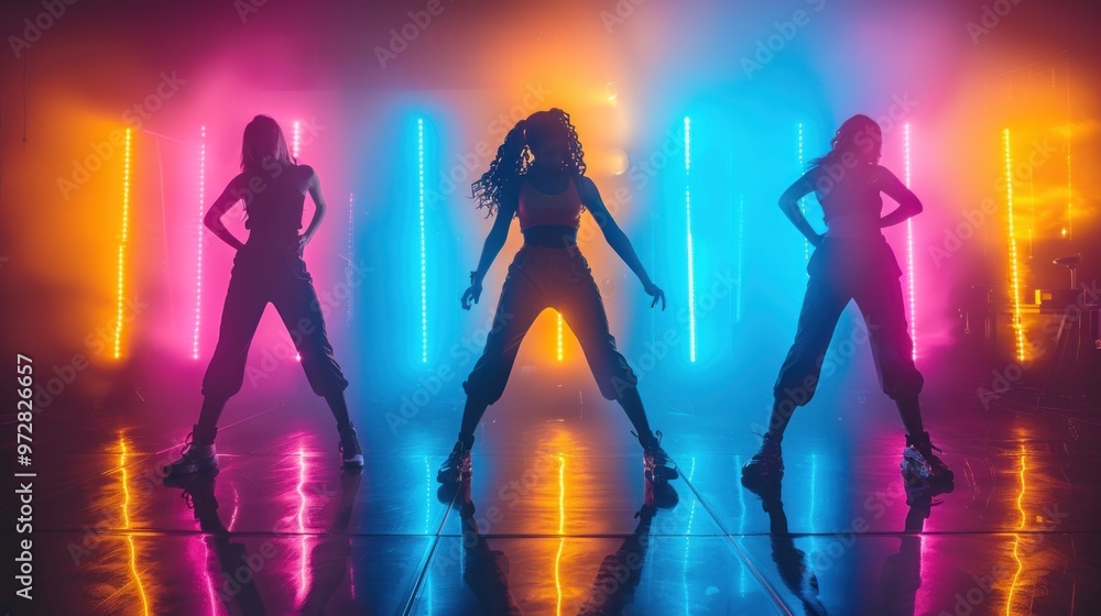 Dressed stylish, sport cloths teenage girls performing hip-hop in neon light against gradient studio background. Dressed stylish, sport cloths teenage girls performing hip-hop in neon light against gradient studio background.