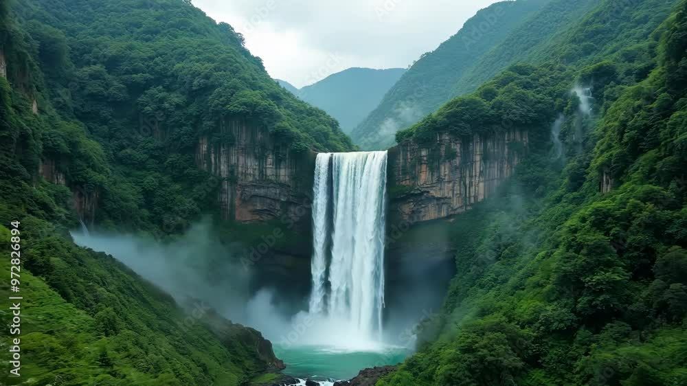 Experience the breathtaking beauty of a serene waterfall in a lush forested landscape during the morning hours Experience the breathtaking beauty of a serene waterfall in a lush forested landscape during the morning hours