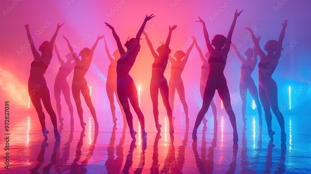 Photograph of With grace and intensity, dancers bring their choreography to life on stage in neon light against gradient pink background. Photograph of With grace and intensity, dancers bring their choreography to life on stage in neon light against gradient pink background.