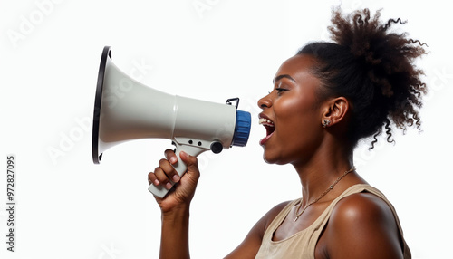 Close-up of an African American woman with a megaphone, making a powerful announcement. photo