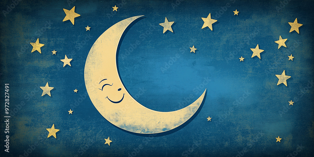 Naklejka premium Old-fashioned crescent moon and stars illustration on textured indigo background, copyspace above 