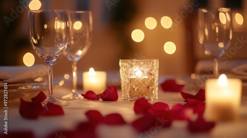 enchanted dinner setting candlelit table with crystal glasses rose petals soft focus background warm golden glow intimate atmosphere