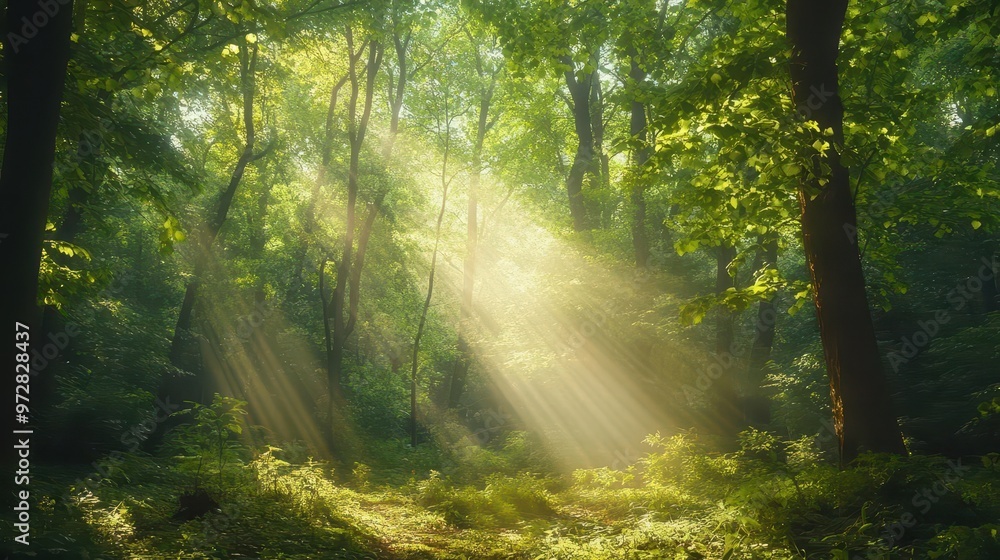 Obraz premium enchanted forest scene with golden sunbeams piercing through a canopy of lush green leaves creating a magical interplay of light and shadow on the forest floor