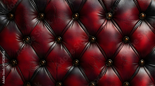 A close-up view of a tufted leather surface in red and black, featuring decorative buttons.