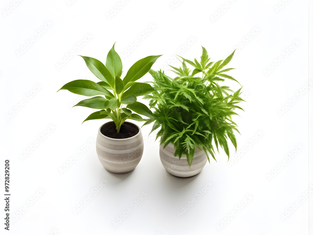Two plants in a vase on a white background, top view, place for text, wallpaper
Two plants in a vase on a white background, top view, place for text, wallpaper