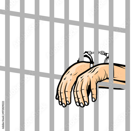 handcuffed prisoner behind bars vector illustration