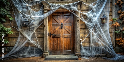 Creepy cobweb-covered old door for Halloween haunted house photo