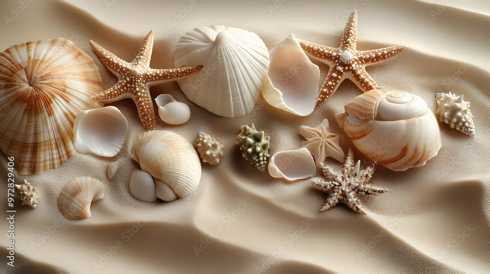 A collection of seashells and starfish arranged on sandy surface, evoking coastal beauty. A collection of seashells and starfish arranged on sandy surface, evoking coastal beauty.