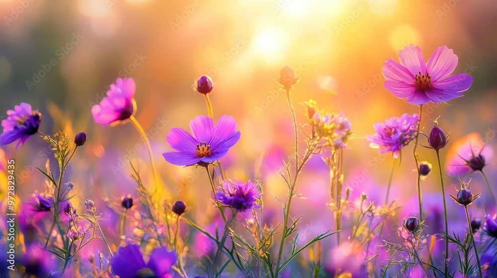 enchanted wildflower meadow dreamy landscape with purple and pink blooms golden sunset light filtering through petals soft focus ethereal atmosphere evoking wonder and serenity enchanted wildflower meadow dreamy landscape with purple and pink blooms golden sunset light filtering through petals soft focus ethereal atmosphere evoking wonder and serenity