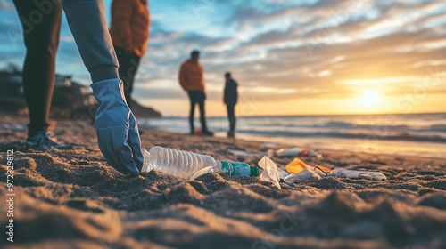 rimer plano de una mano recogiendo una botella plástica de la arena en una playa, mientras el sol se pone en el horizonte. photo