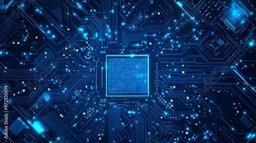 A detailed digital vector illustration showing an AI chip from a top view, set against a technology-themed blue background. The light blue microchip features an abstract circuit board design, emphasiz