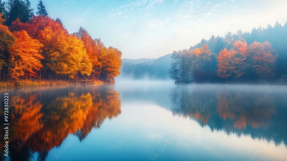 Fototapeta premium enchanting autumn landscape featuring a mirrorlike lake reflecting vibrant fall foliage with mist rising gently from the waters surface at dawn
