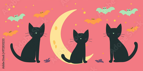 Halloween Night: Cats, Crescent Moon, and Bats on Magenta Sky
 photo