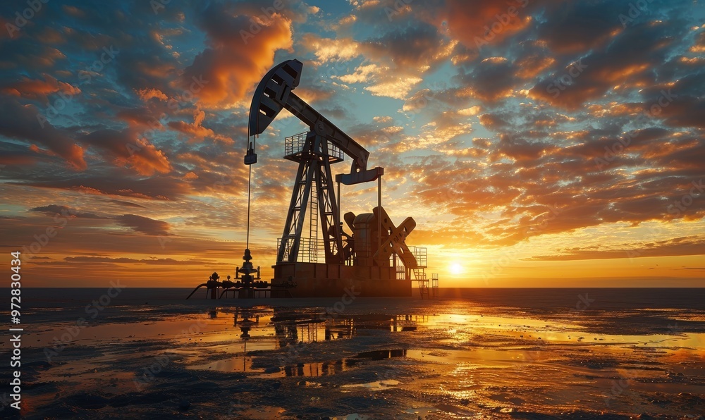 Silhouette of an oil pump jack operating in a reflective puddle against a fiery sunset sky. Silhouette of an oil pump jack operating in a reflective puddle against a fiery sunset sky.