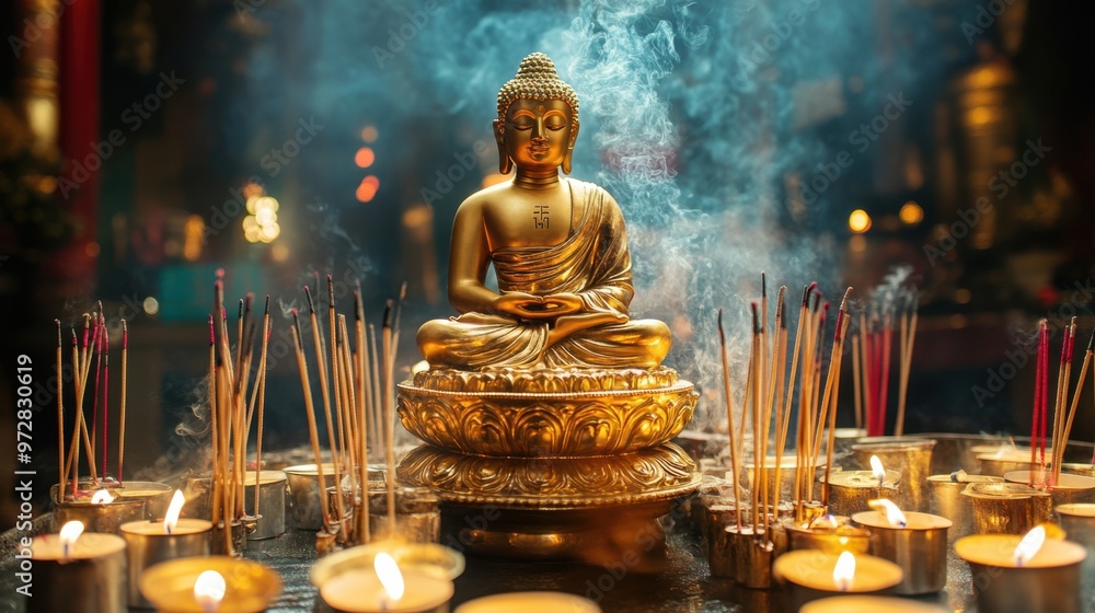 Golden Buddha statue with incense sticks and candles burning at its feet, creating a spiritual Golden Buddha statue with incense sticks and candles burning at its feet, creating a spiritual