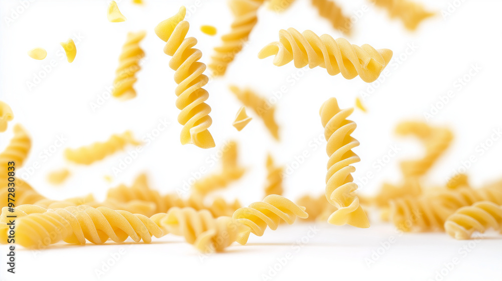 Raw fusilli pasta spirals suspended in mid-air against white background Raw fusilli pasta spirals suspended in mid-air against white background