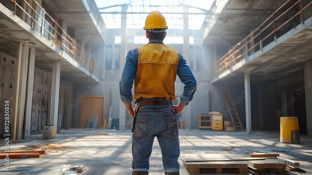 A construction worker surveys a building site, emphasizing industry and labor. A construction worker surveys a building site, emphasizing industry and labor.