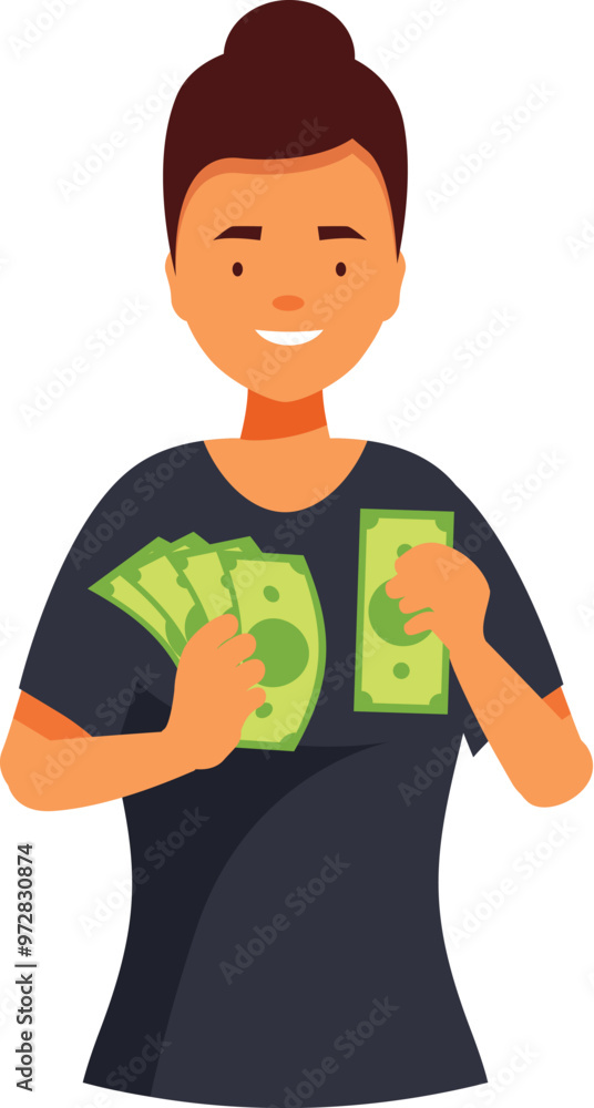 Happy young woman holding money cash dollars with a cheerful smile, financial well being concept Happy young woman holding money cash dollars with a cheerful smile, financial well being concept