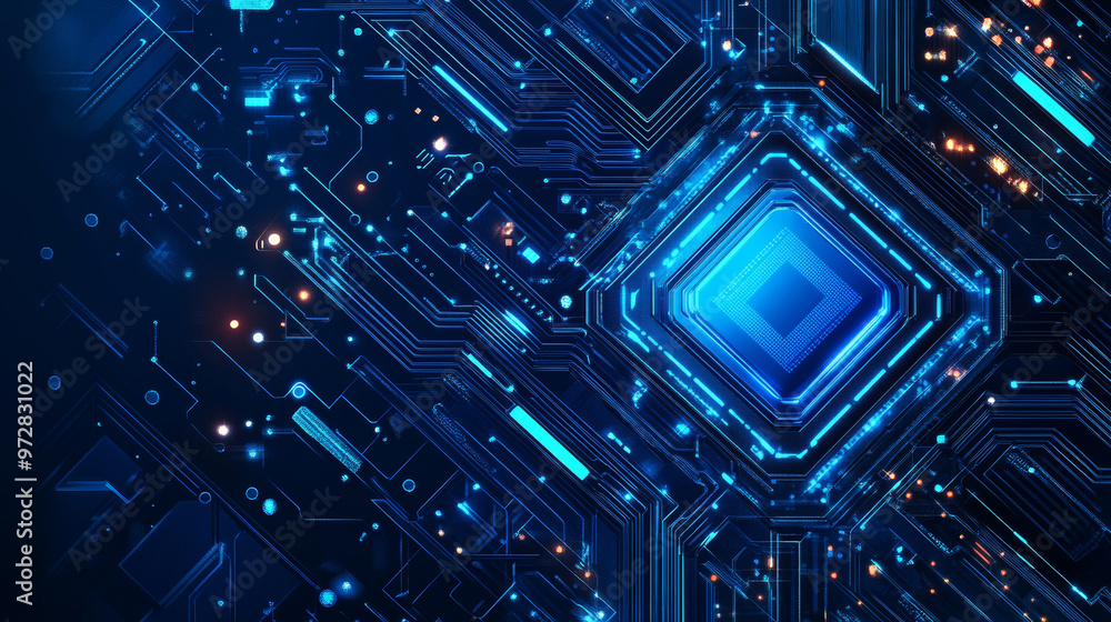A detailed digital vector illustration showing an AI chip from a top view, set against a technology-themed blue background. The light blue microchip features an abstract circuit board design, emphasiz A detailed digital vector illustration showing an AI chip from a top view, set against a technology-themed blue background. The light blue microchip features an abstract circuit board design, emphasiz