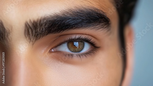 Close-up of a young man's eye highlighting intricate details and natural beauty in soft lighting against a blurred background