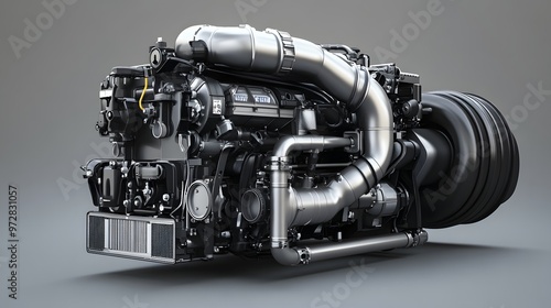 41. **High-resolution 3D model of a powerful truck engine with visible turbocharger and intercooler