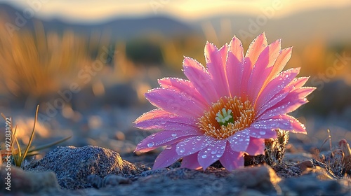 A vibrant desert flower blooms amidst the arid landscape, its petals glistening with dew drops, defying the harsh conditions and creating a surreal contrast. photo