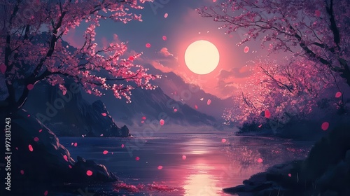 enchanting night scene with bright moon illuminating falling cherry blossoms digital painting
