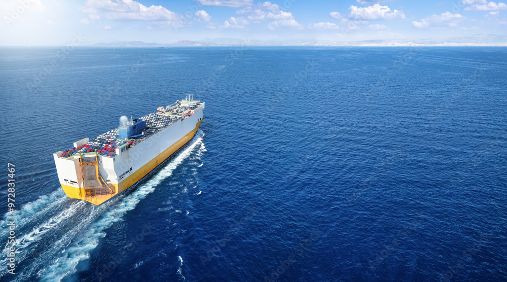 Fototapeta premium Aerial view of a large car RORO transporter ship sailing with speed over the ocean as a concept for the transport industry