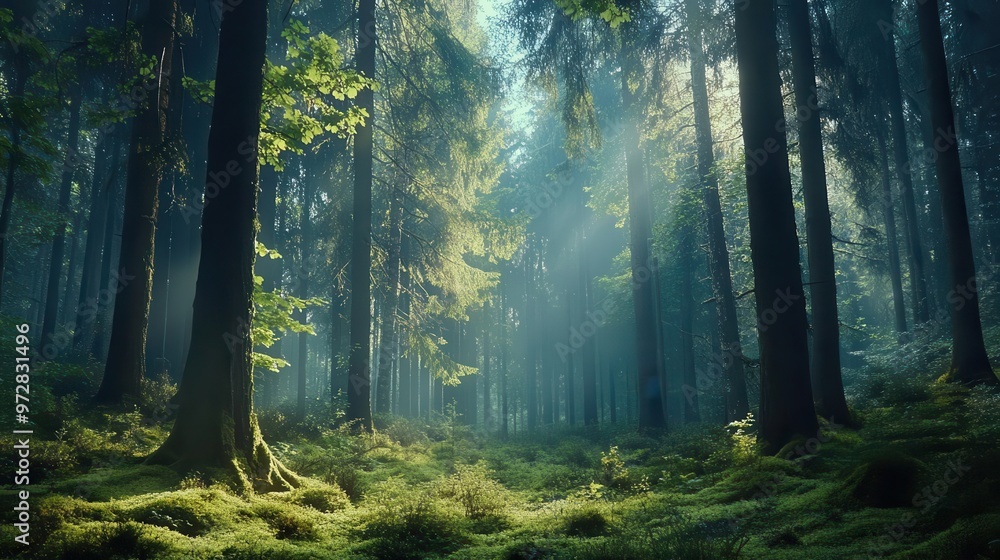 Obraz premium enchanting scandinavian forest scene towering evergreens draped in lush green moss misty atmosphere dappled sunlight filtering through dense canopy fairytalelike quality