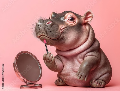 Cute baby hippo applying lipstick with a small mirror, pastel background, beauty concept, cosmetic and animal fusion