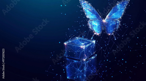 A cutting-edge vector illustration depicting an abstract butterfly in flight over a network of linked digital blocks. The design, characterized by its low poly wireframe style with a 3D isometric effe photo