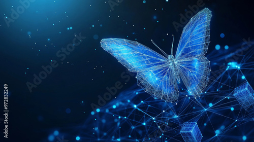 A cutting-edge vector illustration depicting an abstract butterfly in flight over a network of linked digital blocks. The design, characterized by its low poly wireframe style with a 3D isometric effe photo