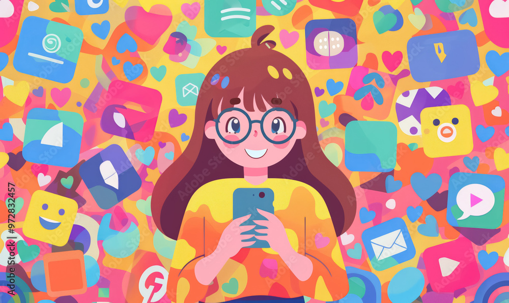 young woman holding smartphone in a colorful, vibrant digital environment filled with emojis and icons, social media messaging and communication concept young woman holding smartphone in a colorful, vibrant digital environment filled with emojis and icons, social media messaging and communication concept