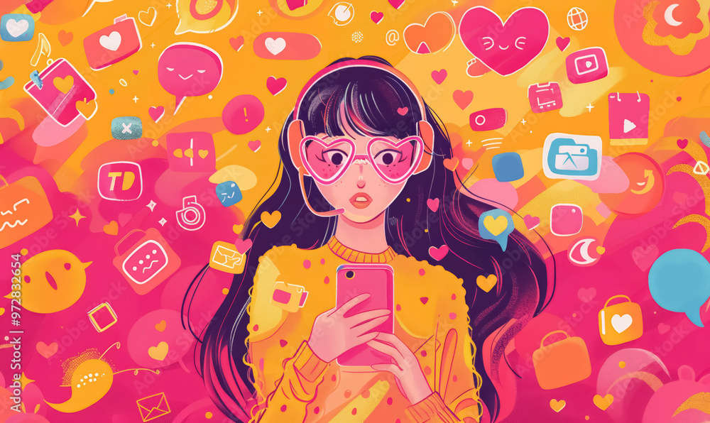 young woman holding smartphone in a colorful, vibrant digital environment filled with emojis and icons, social media messaging and communication concept young woman holding smartphone in a colorful, vibrant digital environment filled with emojis and icons, social media messaging and communication concept