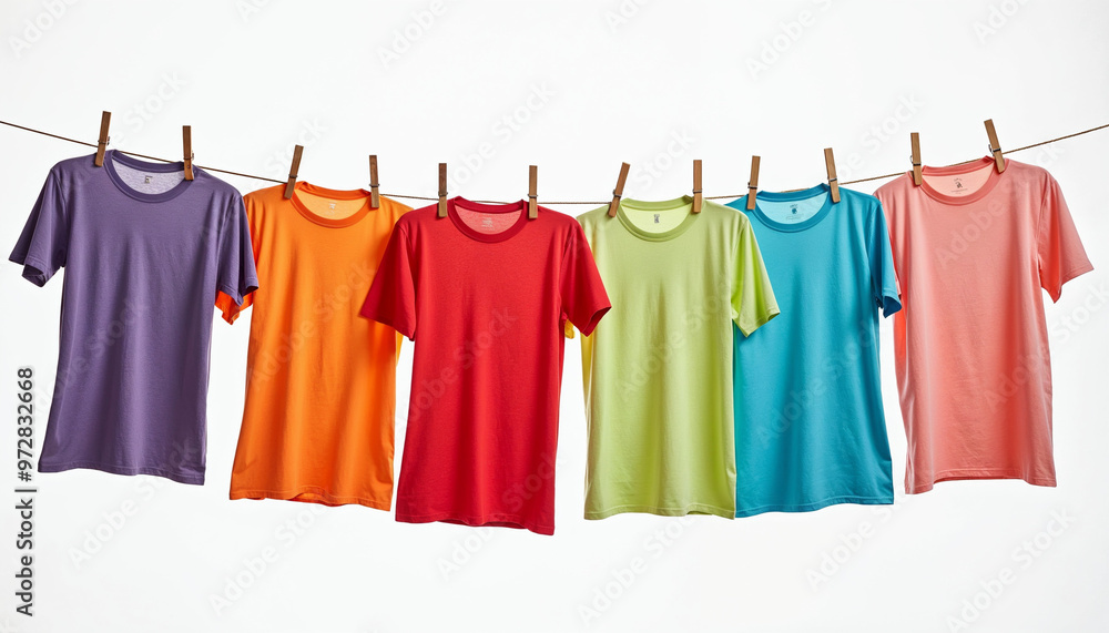 Close-up of colorful t-shirts hanging on a clothesline against a plain white background.
Close-up of colorful t-shirts hanging on a clothesline against a plain white background.