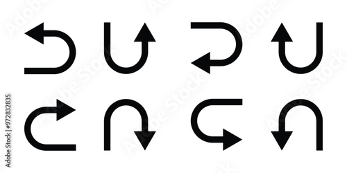 U turn arrow symbol icon set. Direction Icon Set. Go Straight This Way One Way Only U Turn Left and Right Black and White Arrow vector illustration.