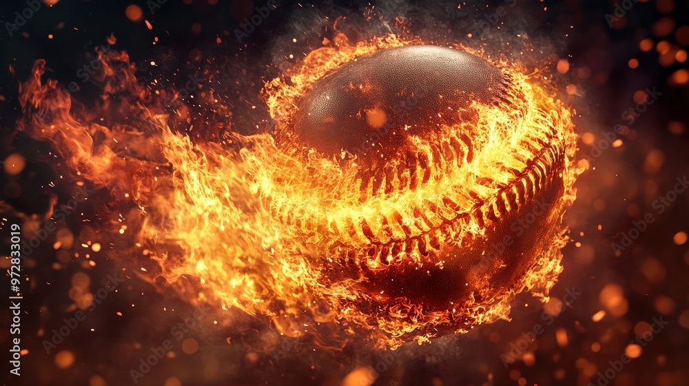 Baseball on fire flying with intense energy Baseball on fire flying with intense energy
