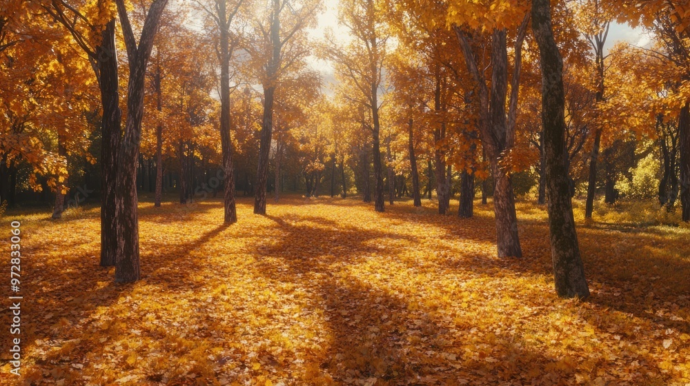 Fototapeta premium Aerial view of a vibrant autumn forest with golden leaves and soft sunlight.