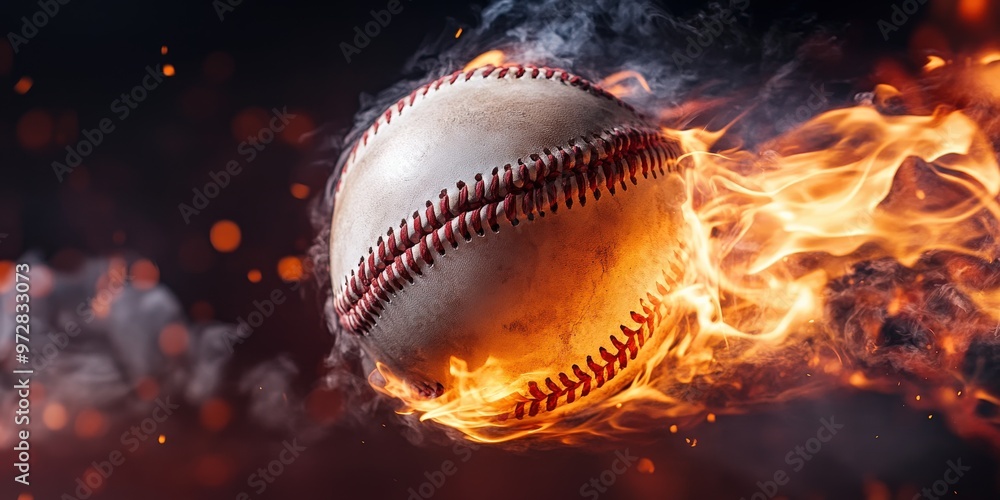 Baseball on fire flying with intense energy Baseball on fire flying with intense energy