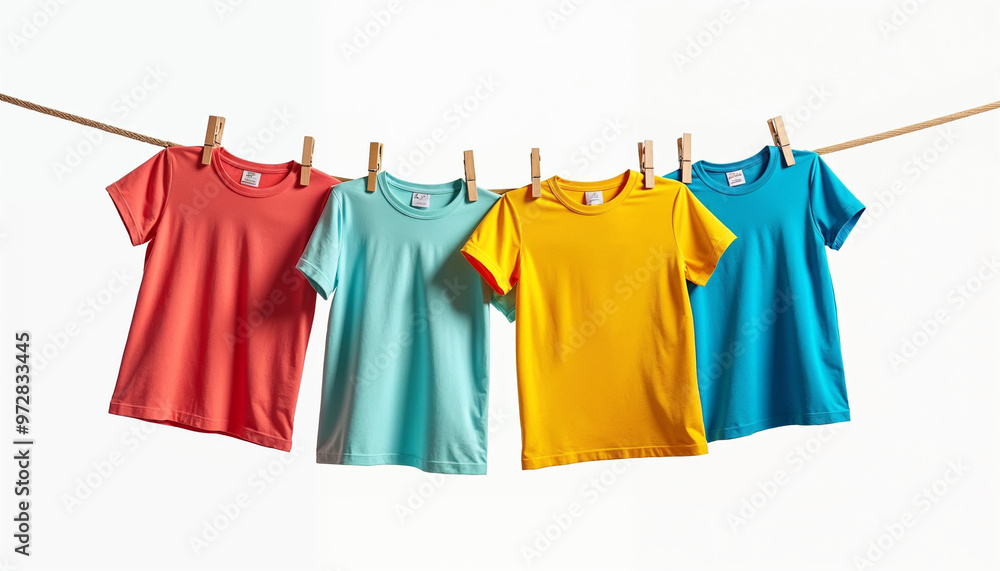Close-up of colorful t-shirts hanging on a clothesline against a plain white background.
Close-up of colorful t-shirts hanging on a clothesline against a plain white background.