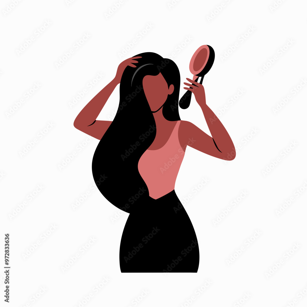 Stylish Woman Confidently Brushing Long Dark Hair Against Plain Background Stylish Woman Confidently Brushing Long Dark Hair Against Plain Background