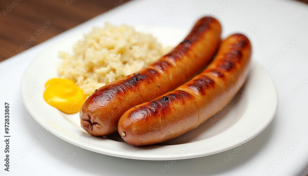 Delicious Bratwurst sausage on a white plate with mustard and sauerkraut, ideal for restaurant ads.
Delicious Bratwurst sausage on a white plate with mustard and sauerkraut, ideal for restaurant ads.