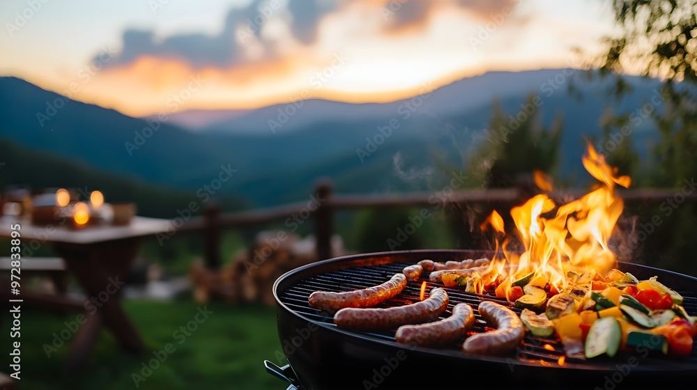 Rustic outdoor grill, sizzling sausages and vegetables over open flames, set against a panoramic mountain backdrop, natural lighting, realistic style, warm tones Rustic outdoor grill, sizzling sausages and vegetables over open flames, set against a panoramic mountain backdrop, natural lighting, realistic style, warm tones