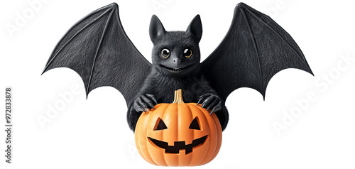 Adorable cartoon bat with a pumpkin, perfect for Halloween themes, decorations, and festive designs. Cute and playful character. photo