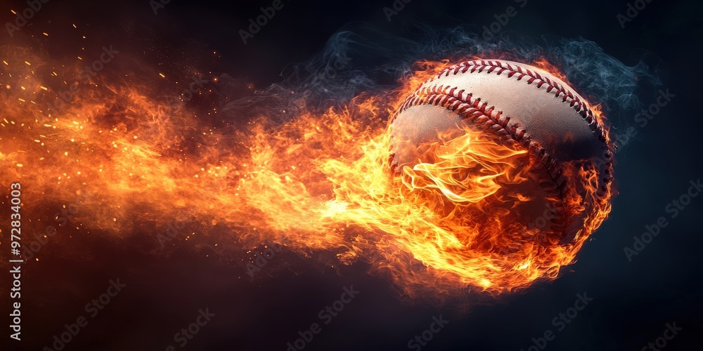 Baseball on fire flying with intense energy Baseball on fire flying with intense energy