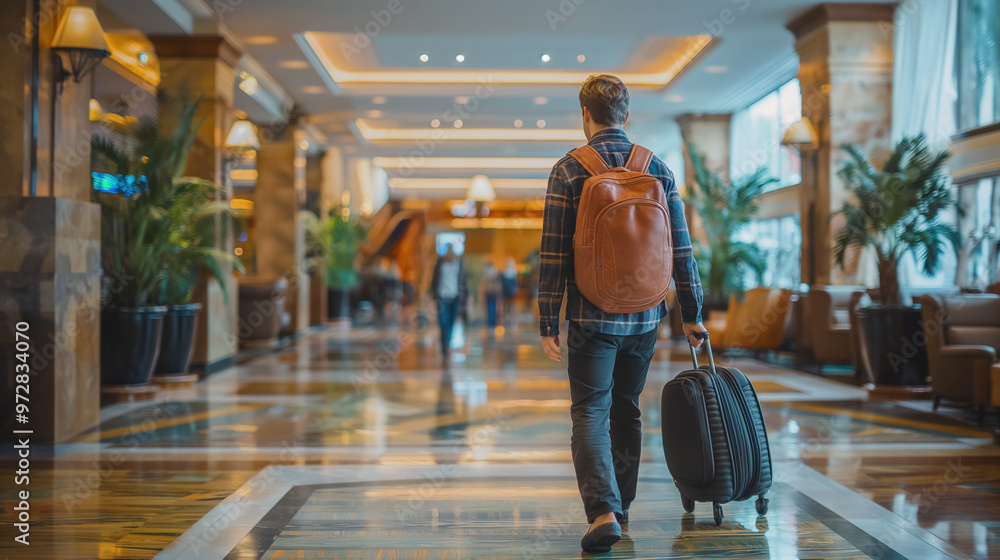 Obraz premium Man with a backpack walks through a brightly lit, modern hotel lobby, pulling a suitcase. The sleek surroundings and polished floor create a luxurious, stylish atmosphere.