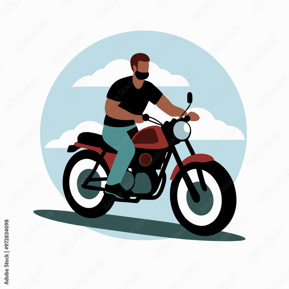 Bearded Man Riding Motorcycle Confidently against Sky Background Bearded Man Riding Motorcycle Confidently against Sky Background