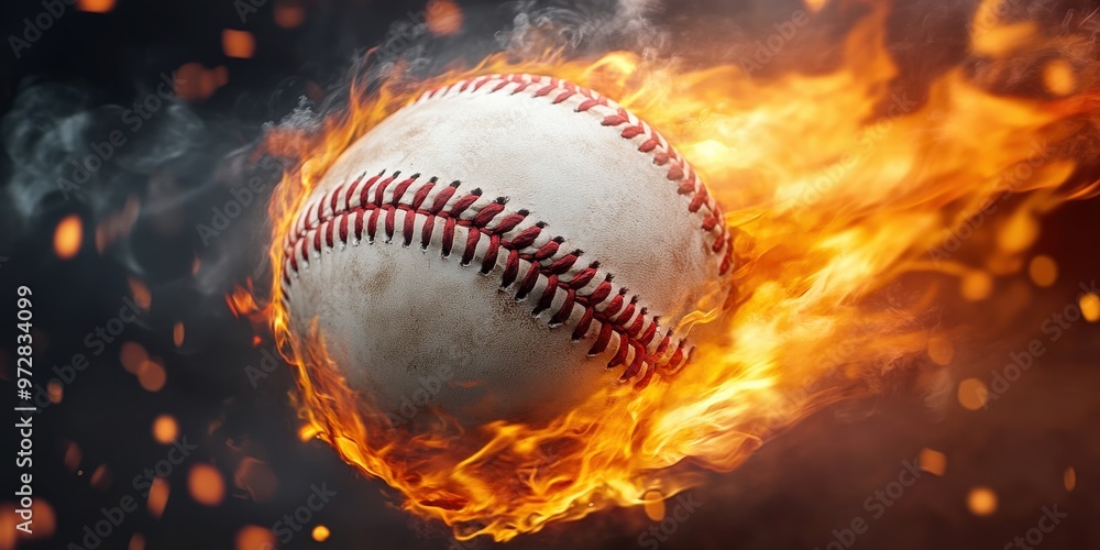 Baseball on fire flying with intense energy Baseball on fire flying with intense energy
