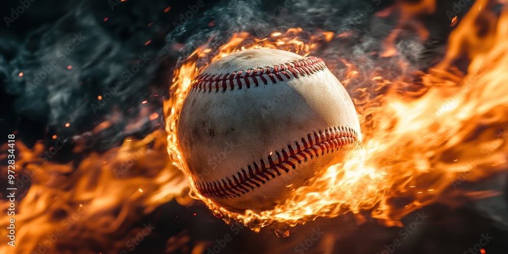 Baseball on fire flying with intense energy Baseball on fire flying with intense energy