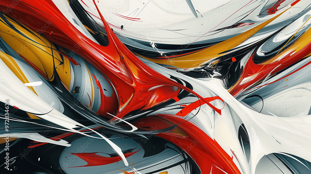 Abstract, fluid artwork with bold red, white, and black strokes. The swirling colors and dynamic composition create a sense of movement and energy. Abstract, fluid artwork with bold red, white, and black strokes. The swirling colors and dynamic composition create a sense of movement and energy.